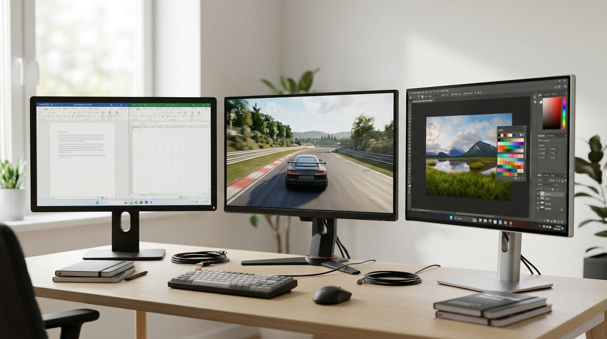 A neutral desk setup with several monitor tiers represented visually, from budget office displays to premium gaming and creator screens.