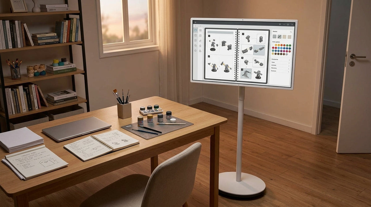 A rolling 32-inch MegPad beside a desk with prompt notes, art references, and a laptop in a home creative room
