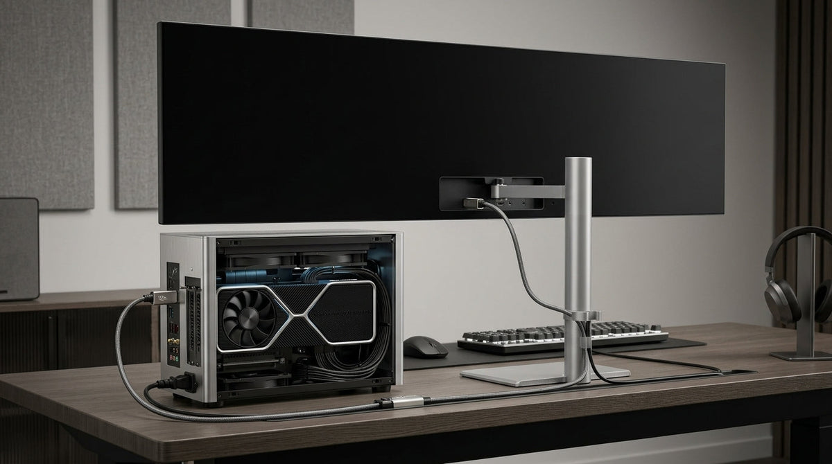 RTX 6090 gaming setup with a large ultrawide monitor and cable connections emphasizing native bandwidth planning