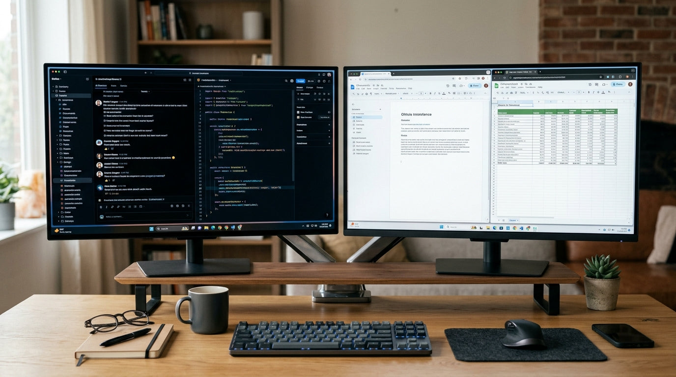 A clean desktop monitor comparison scene showing OLED contrast on one side and Mini-LED brightness on the other.