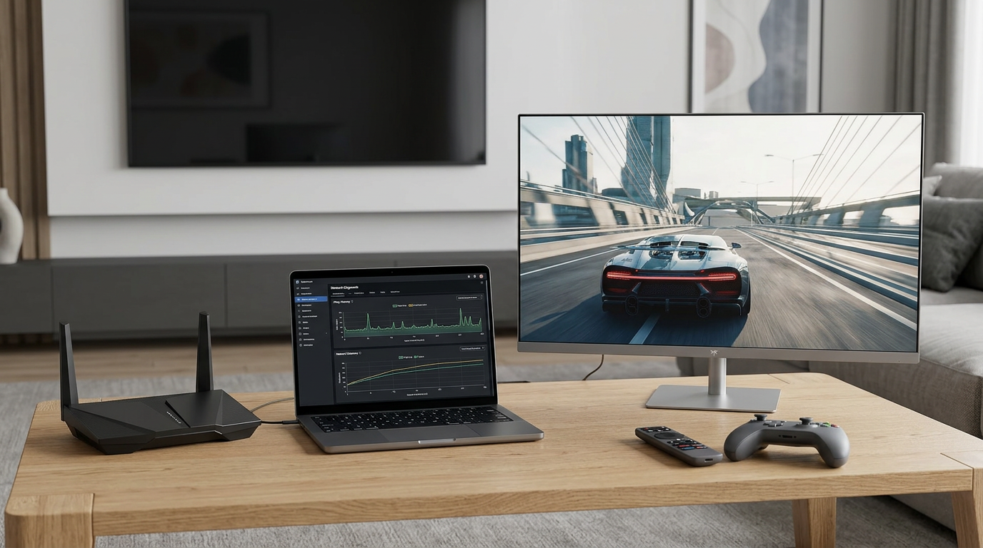 A wireless gaming audit scene showing a game controller, a router, a laptop with network graphs, and a smart display in a modern room.