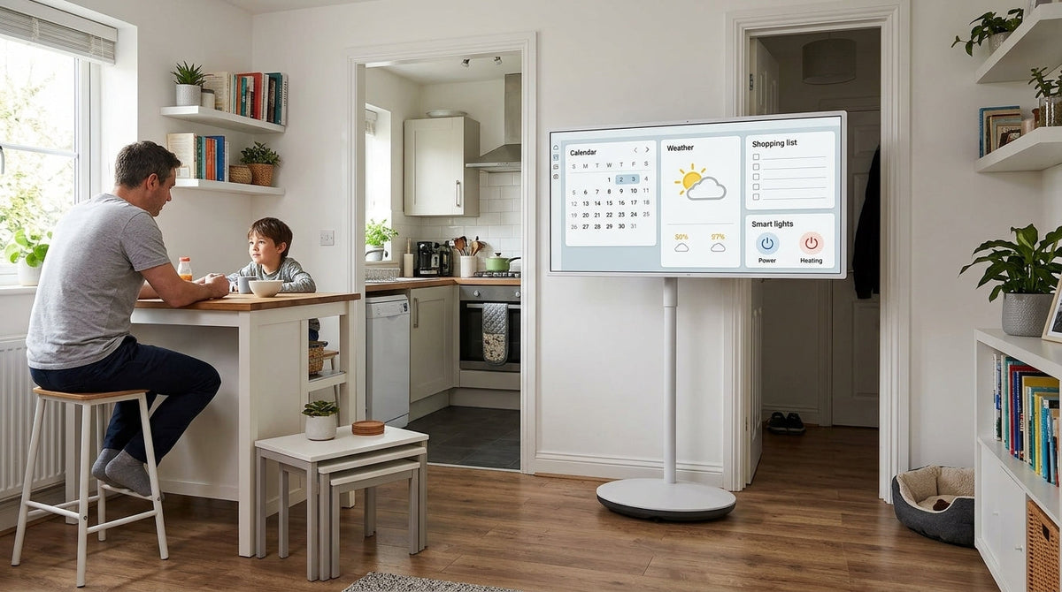 A portable smart display on a rolling stand in a small apartment living area, showing a family dashboard with calendar, weather, reminders, and accessibility shortcuts.