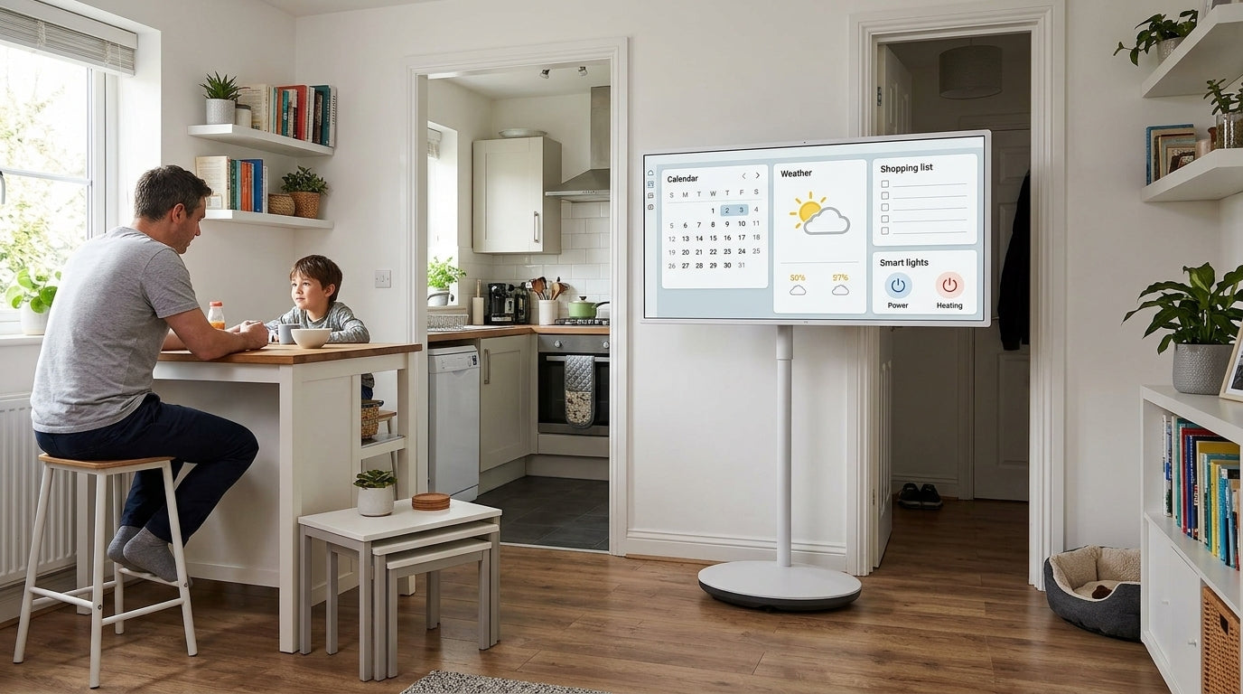 A portable smart display on a rolling stand in a small apartment living area, showing a family dashboard with calendar, weather, reminders, and accessibility shortcuts.