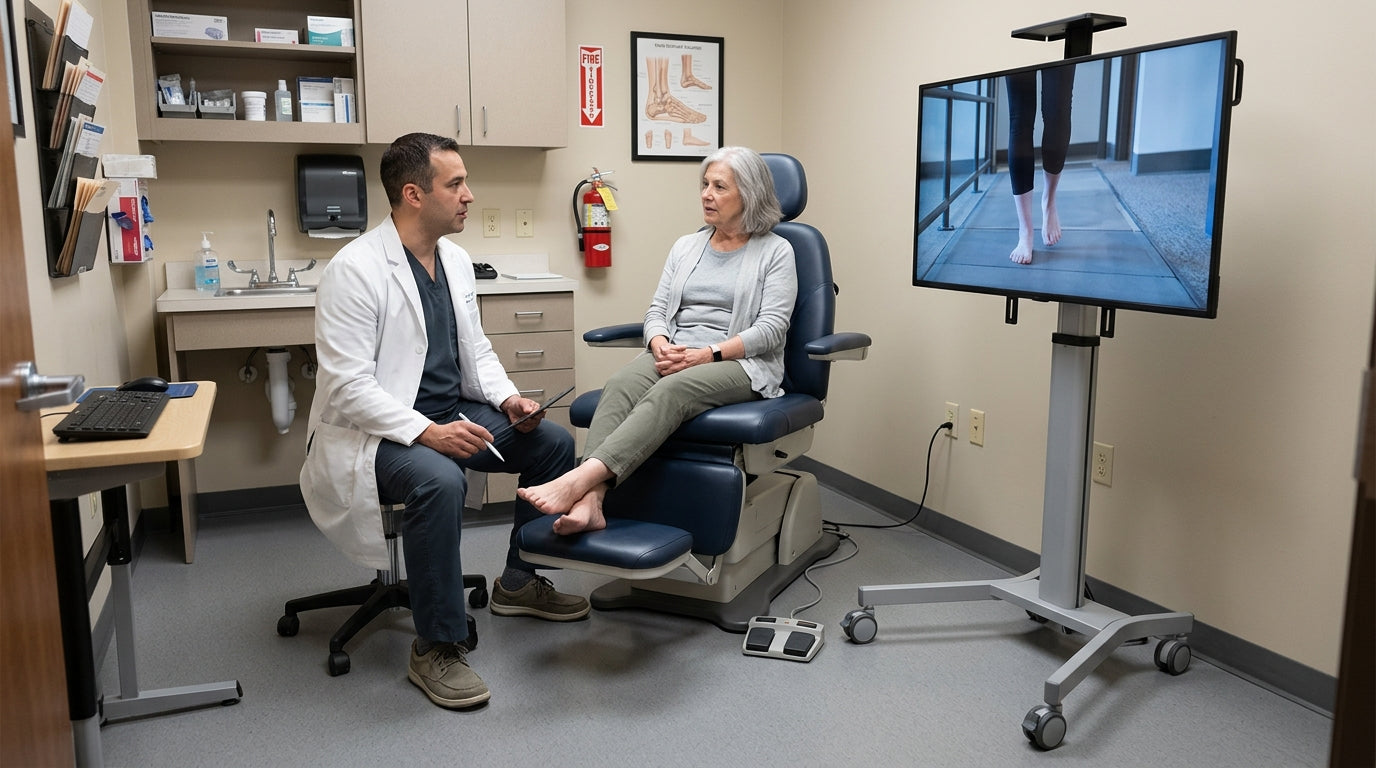 Rolling podiatry display beside an exam chair in a compact clinic room