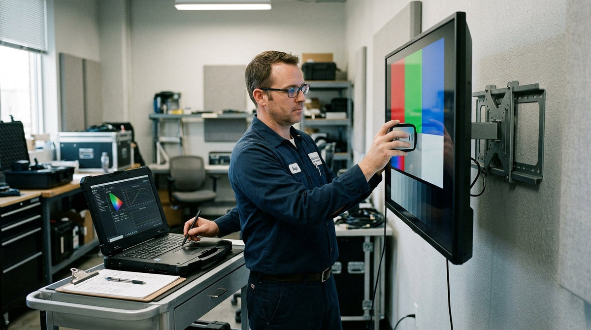 A technician inspecting a monitor on a desk with a color calibration device and test patterns visible on screen.