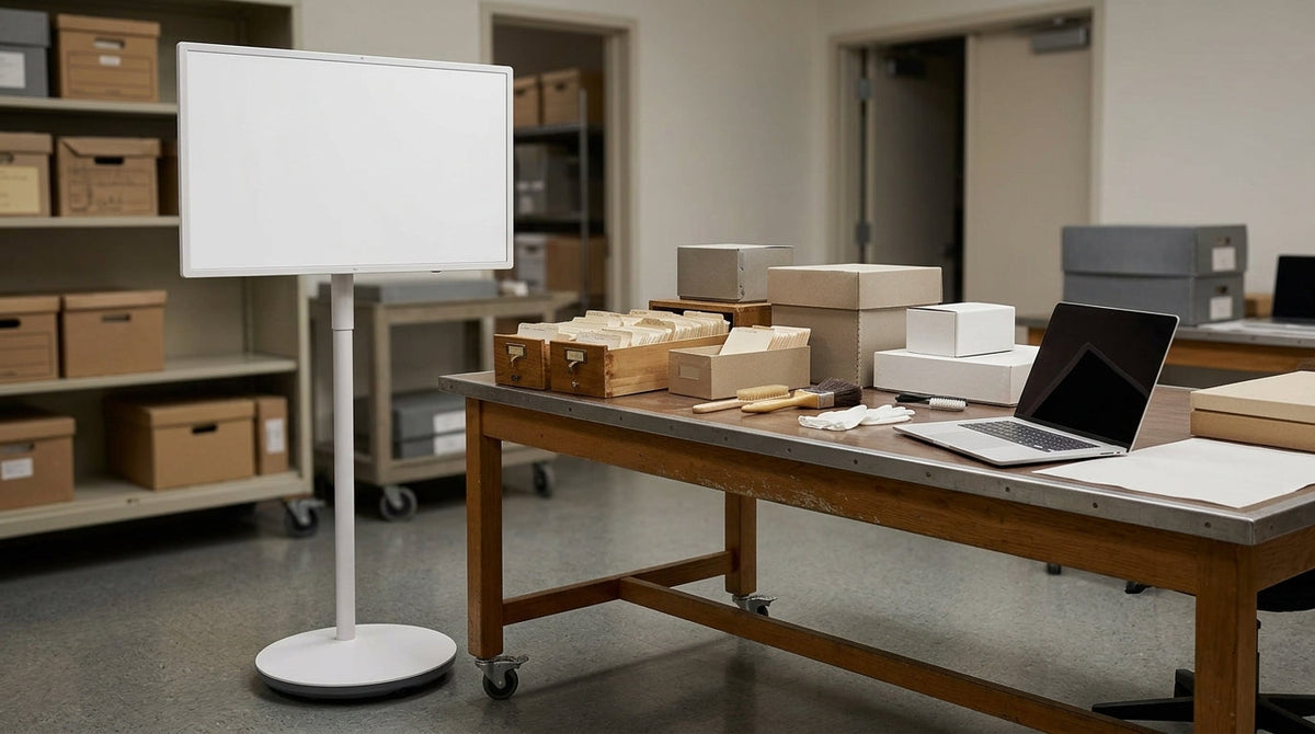 Rolling mobile display beside museum cataloging materials in a preservation workspace