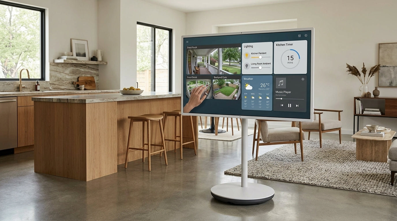 Rolling smart display used as a shared home automation hub in a kitchen and living-room routine