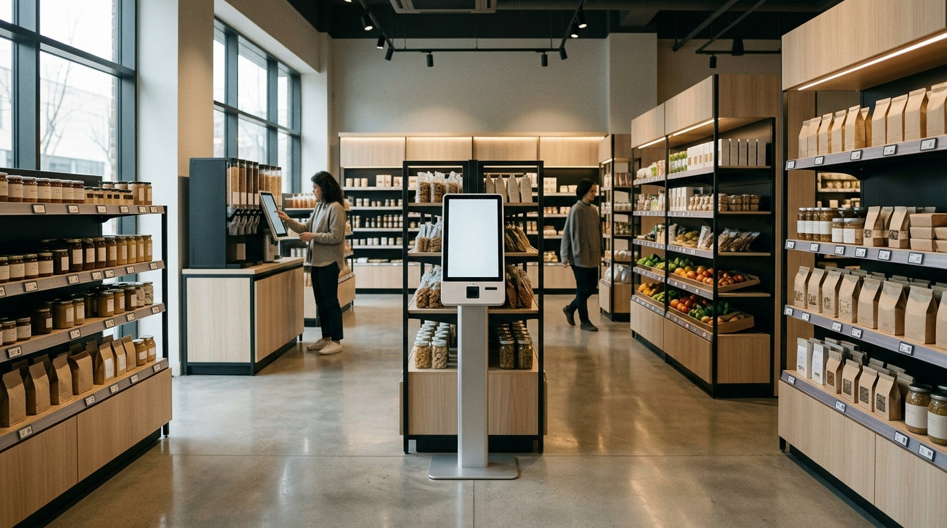A modern unmanned retail store with a mobile touch kiosk standing near self-service shelves and checkout areas.