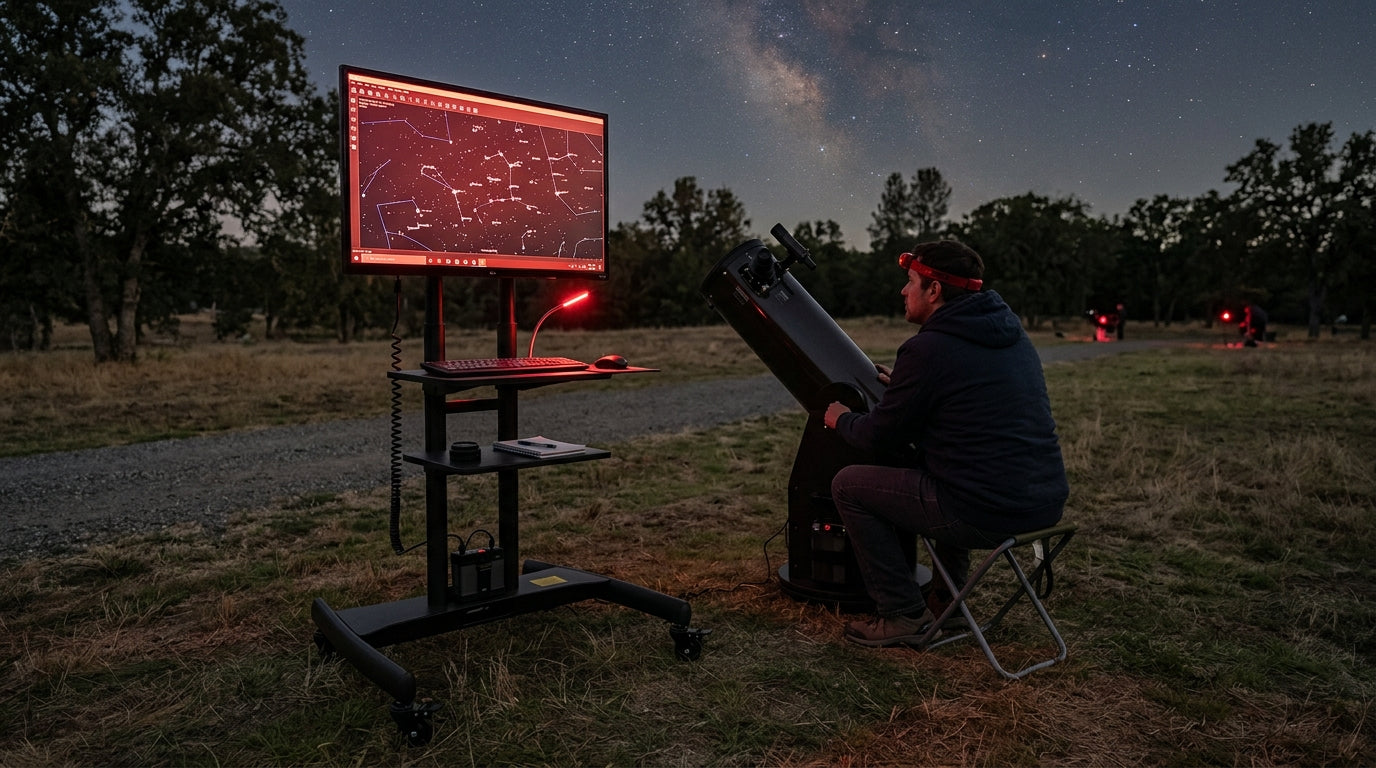 A rolling battery-powered MegPad beside a telescope with a star map open at a dark observing site
