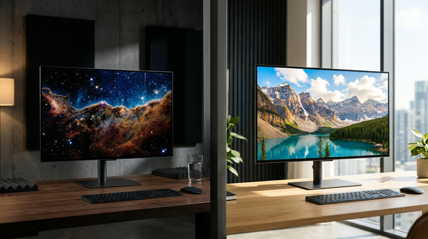 Two premium HDR monitor concepts shown side by side, one emphasizing dark-room contrast and the other bright-room visibility