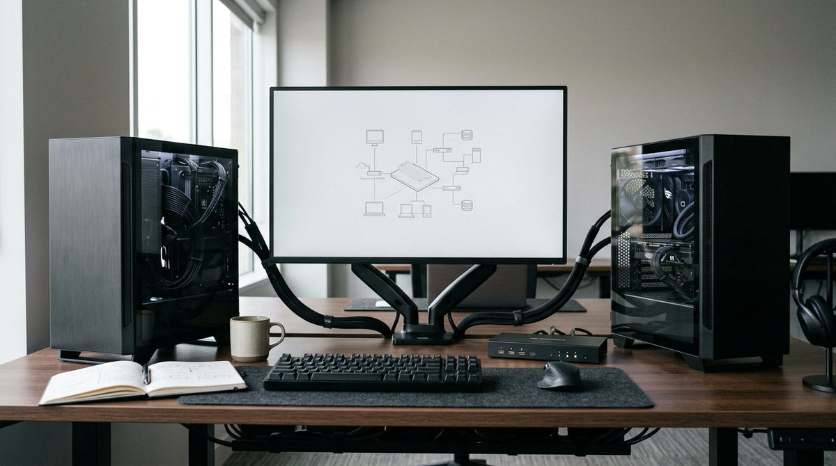 Dual-PC UHBR20 KVM desk with a high-refresh monitor, two tower PCs, and tidy switching cables.