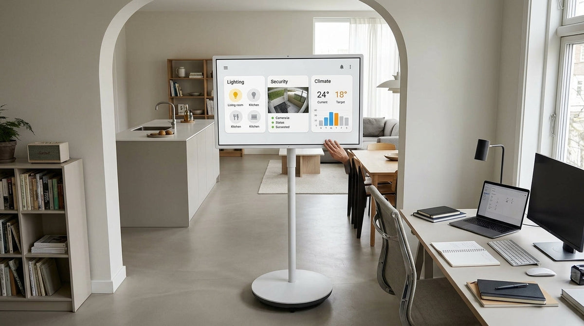 A rolling 32-inch smart touch display moving between rooms in a modern home, used as a smart-home command center.