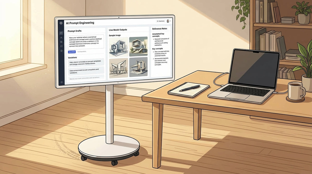 A rolling mobile display beside a laptop, with prompt drafts and model outputs arranged for iterative AI work