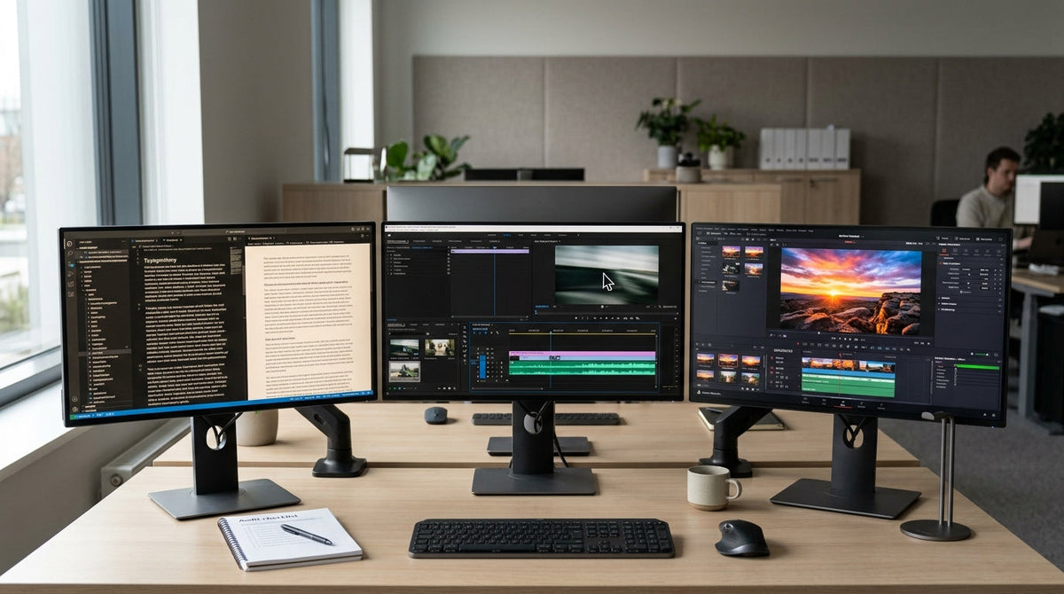 A creator desk with three modern monitors representing 5K, 4K high-refresh, and Mini-LED options for comparing brand tax and workflow fit.