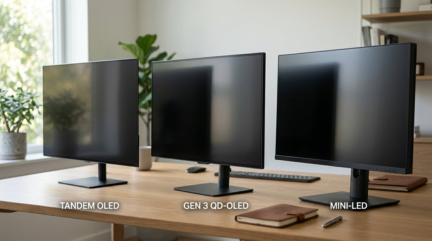 Three monitor families compared on a bright desk, with OLED, tandem OLED, and Mini-LED represented as neutral display silhouettes.