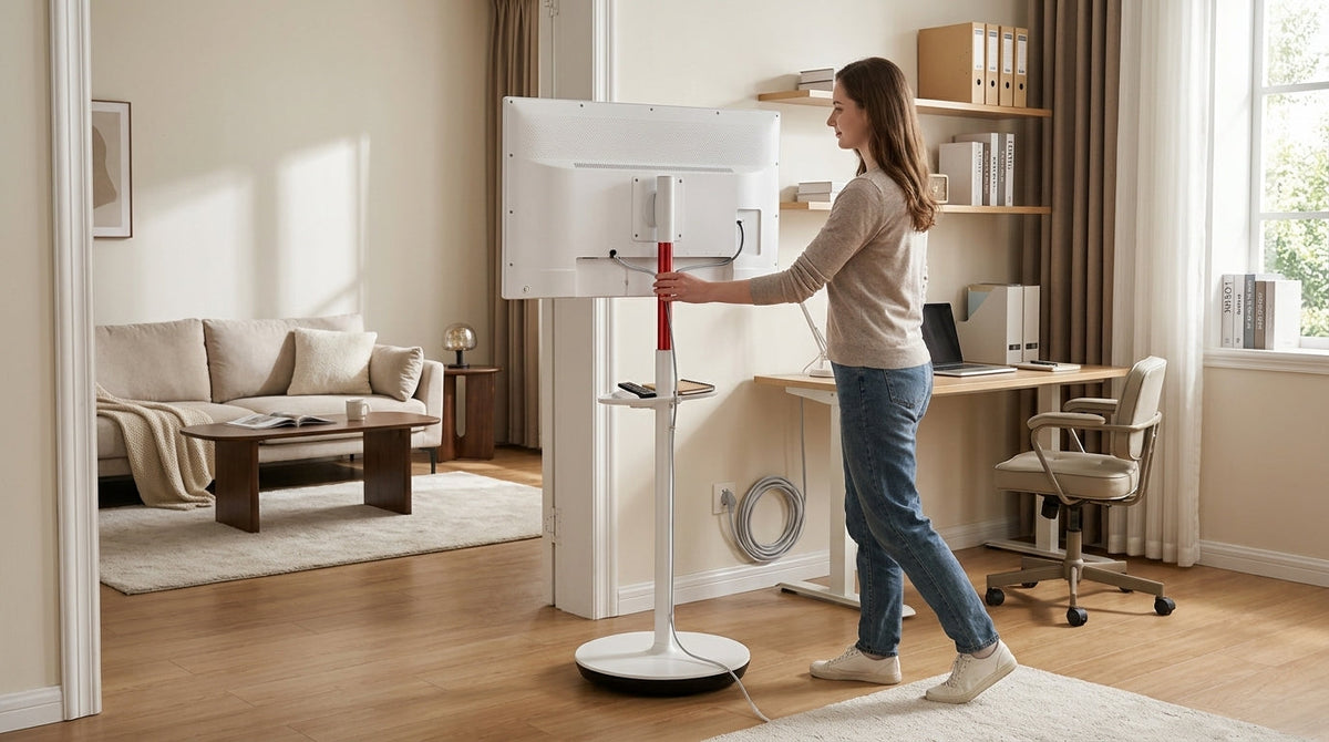 A rolling smart display used in an apartment setting, shown as a versatile screen moved between a home office, living area, and bedroom.