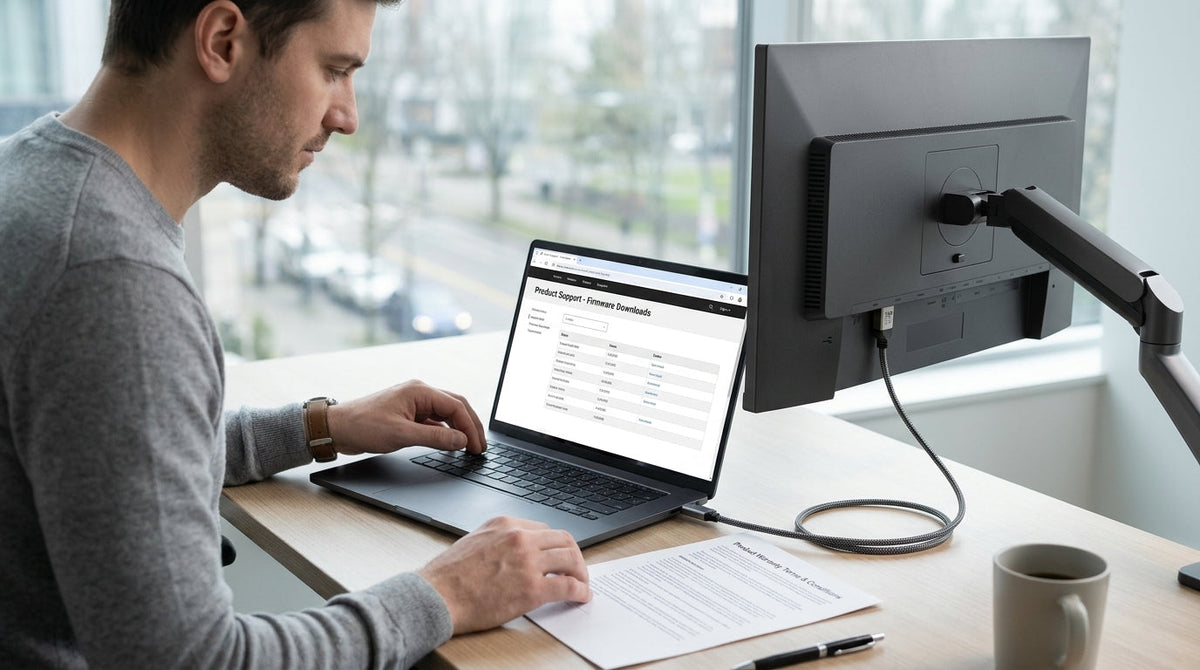 Buyer checking monitor firmware support details on a laptop beside a gaming monitor