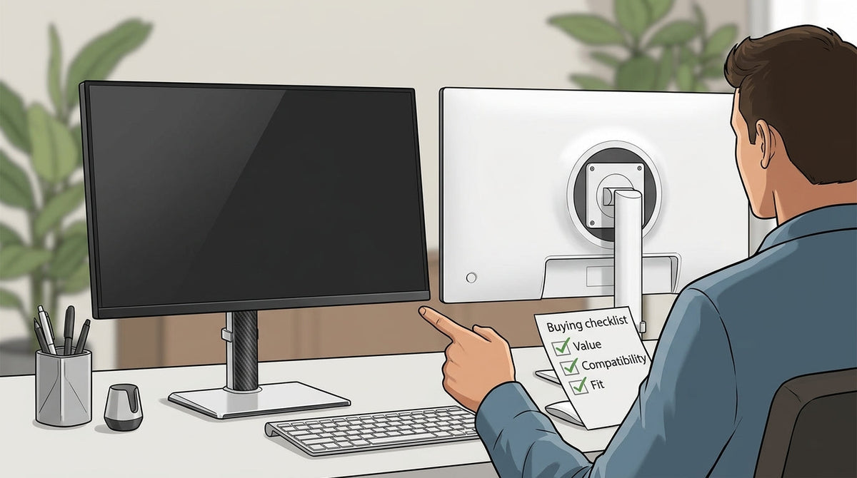 Persona comparing monitors and a buying checklist on a desk.