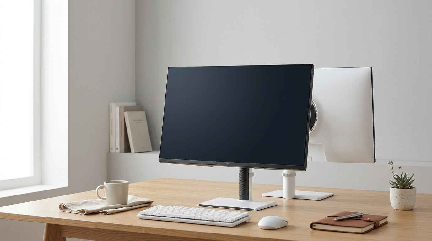 Editorial workstation scene with a modern monitor as the main subject for a Mini-LED buying guide.