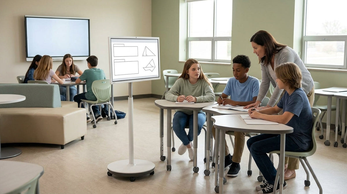 A rolling smart display on a classroom stand beside flexible desks during group instruction