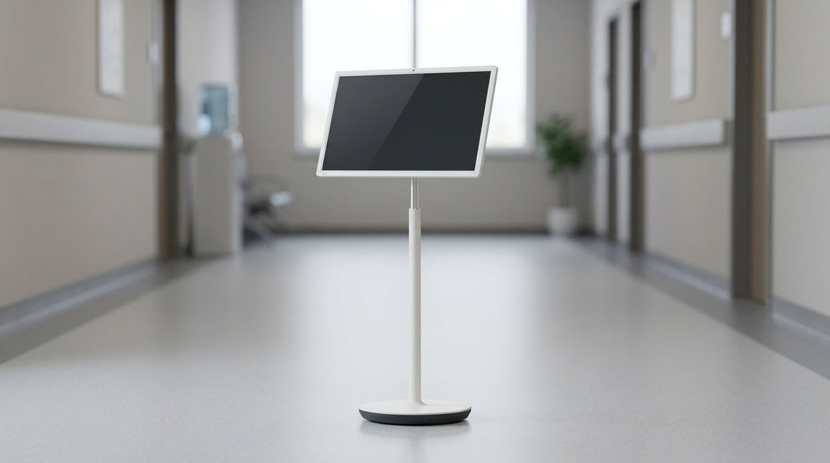 A neutral mobile smart display in a clean hospital or clinic environment.