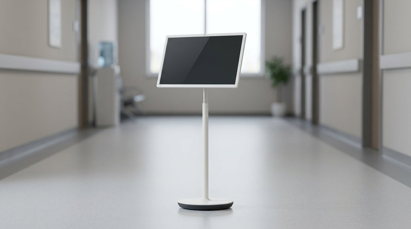 A neutral mobile smart display in a clean hospital or clinic environment.