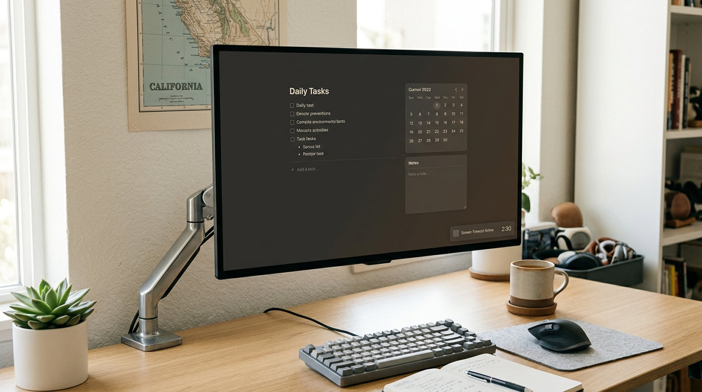 A neutral desktop OLED monitor setup with static productivity content and subtle burn-in prevention cues on a tidy work desk.