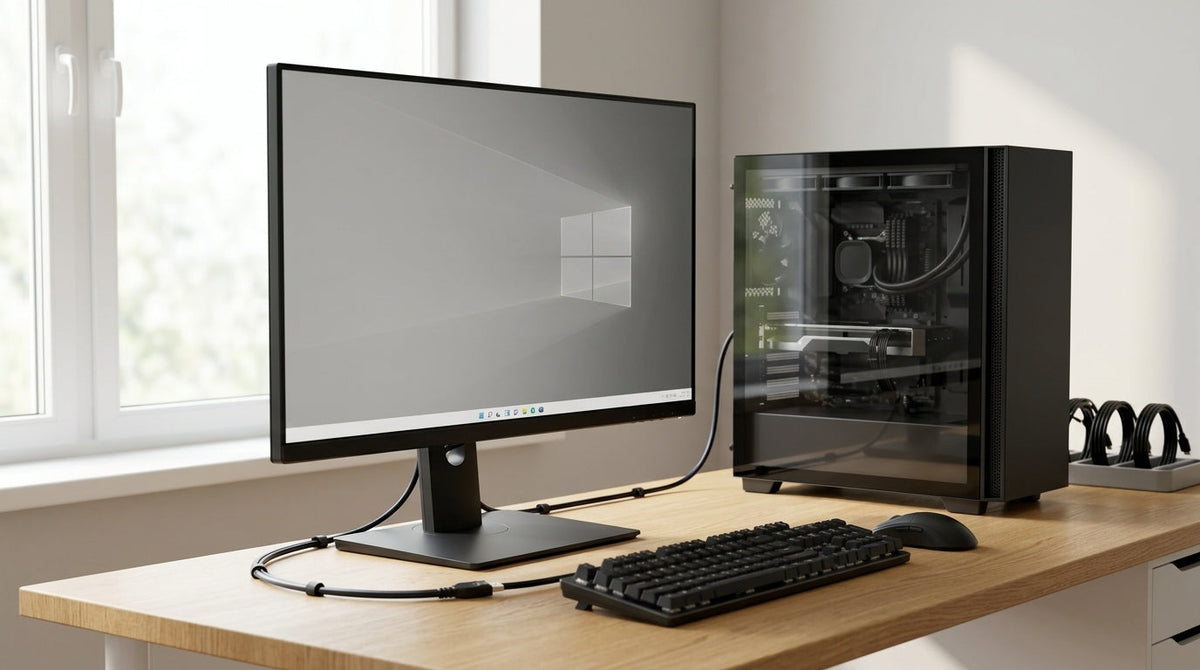 A clean desktop with a DisplayPort cable connected between a GPU and a high-refresh monitor.