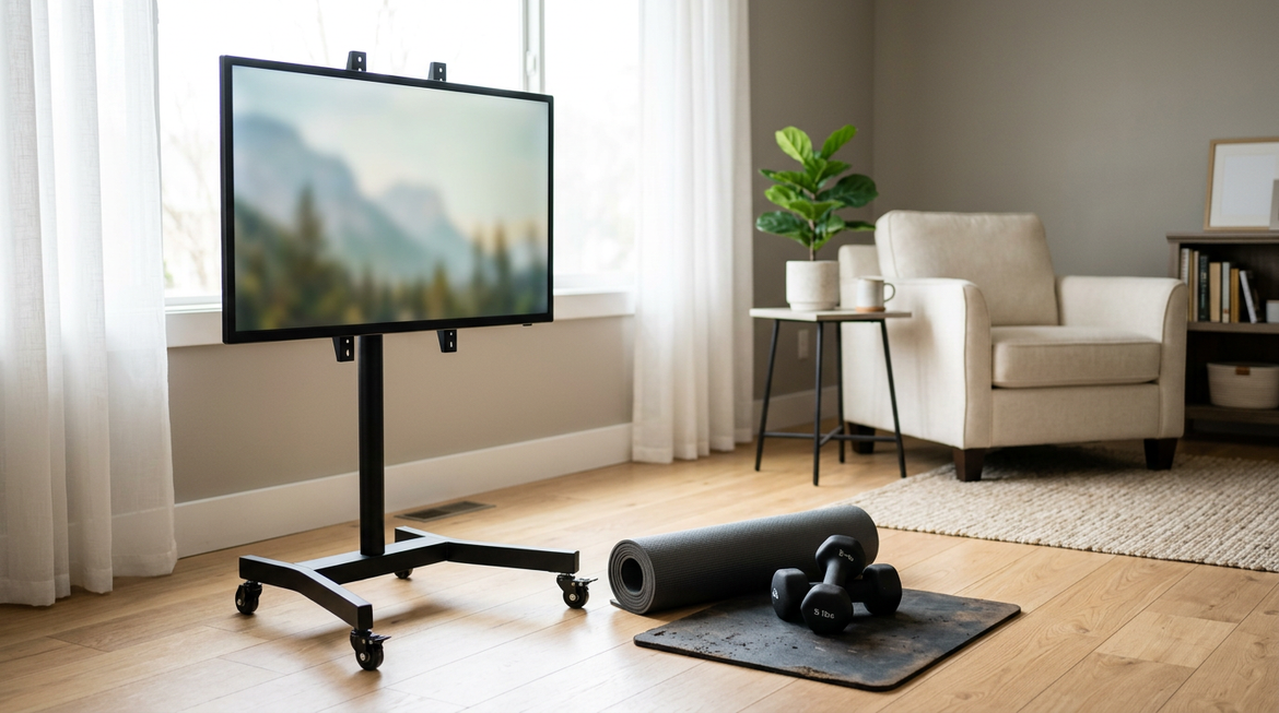 A rolling smart display set up in a living-room workout corner beside exercise mats and light equipment.