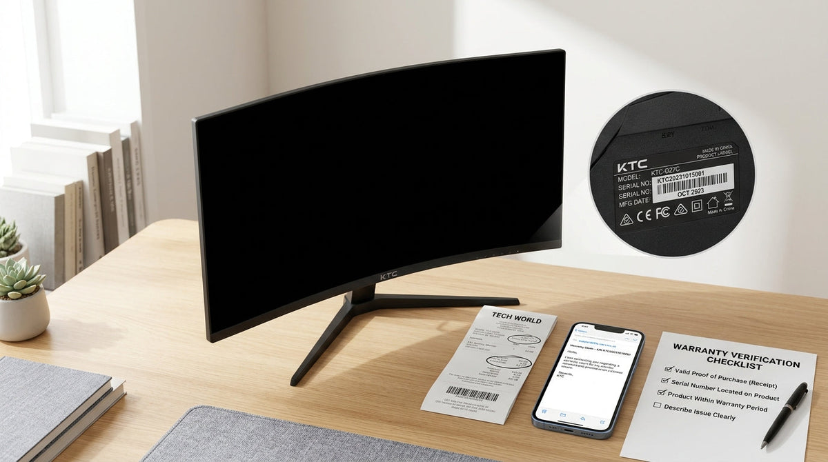 Checklist-style illustration of a KTC monitor warranty verification setup with receipt, serial label, and support email ready on a desk