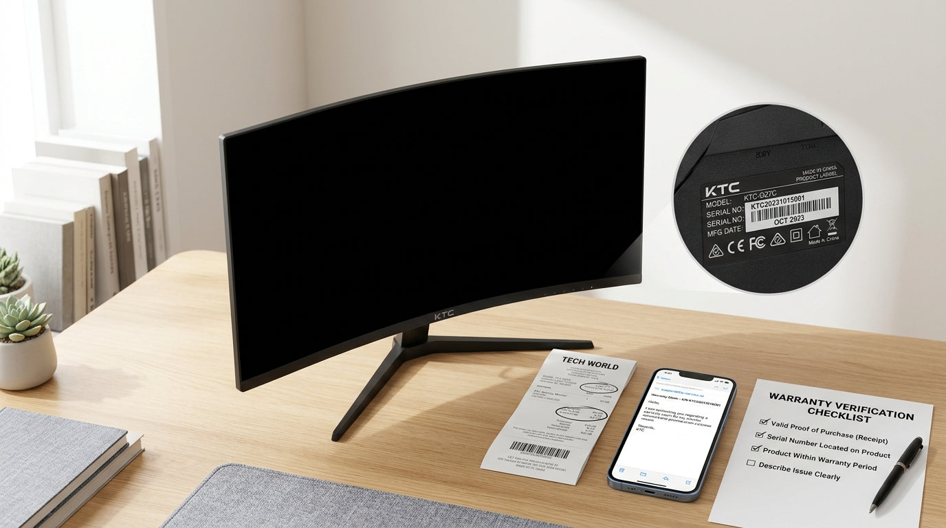 Checklist-style illustration of a KTC monitor warranty verification setup with receipt, serial label, and support email ready on a desk