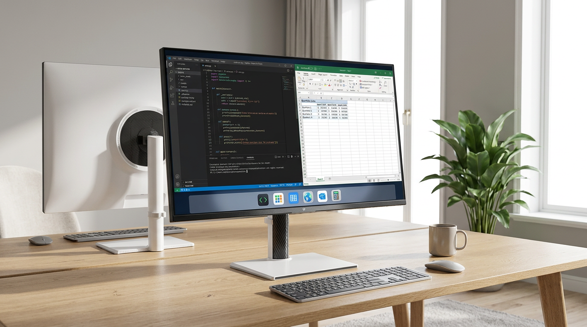 Mini-LED productivity monitor on a desk with code, spreadsheets, and bright static UI elements