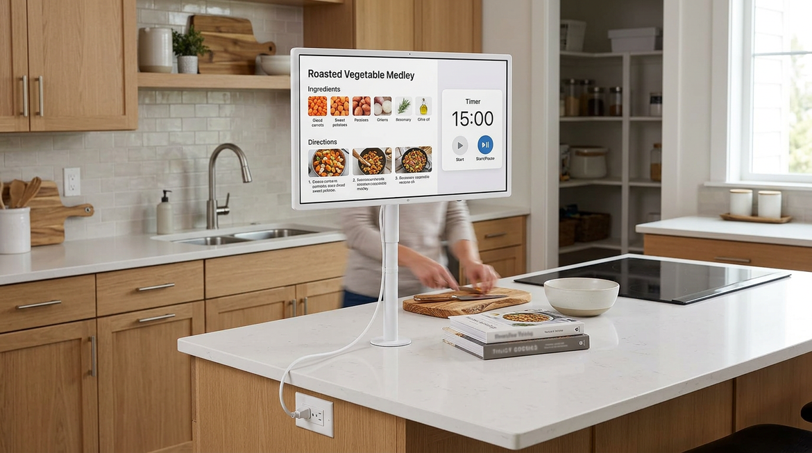 A rolling kitchen smart display beside a counter with a recipe app, timer, and clean cable routing