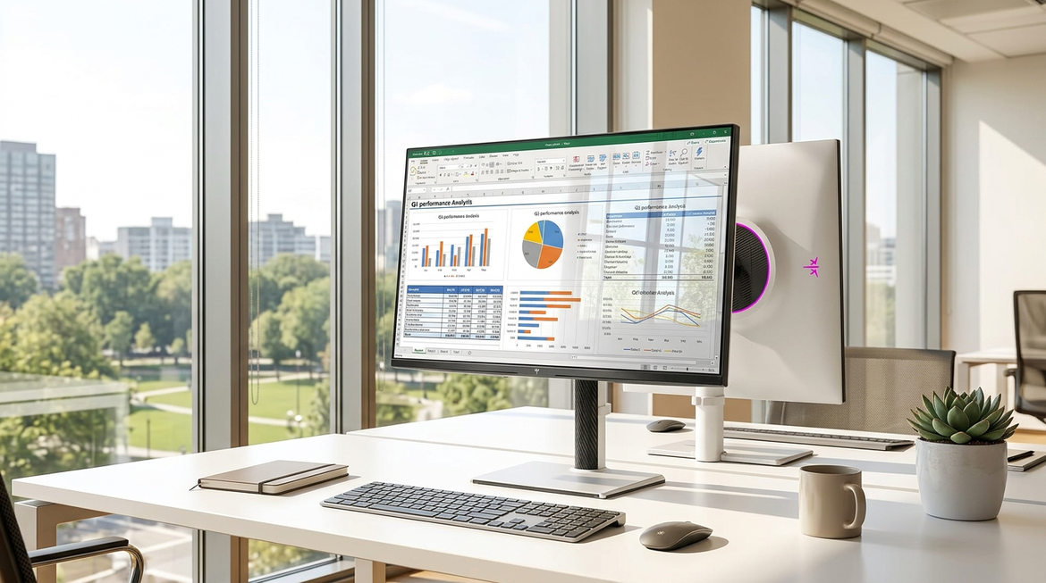Bright office workstation near windows with a readable monitor and visible reflections on the screen