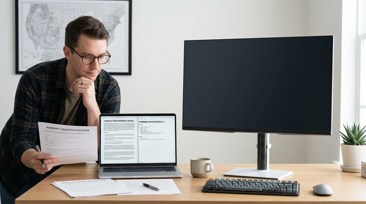 Neutral review-style desktop scene for a KTC monitor quality control, firmware, and support framework.
