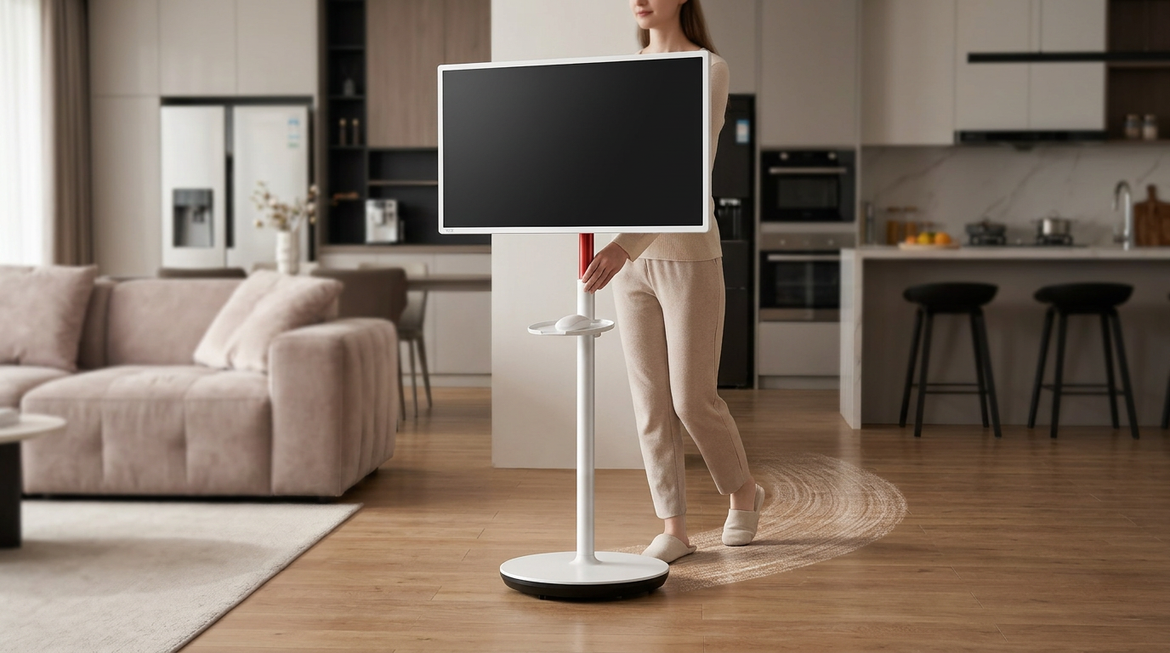 A rolling MegPad smart display in a bright home setting, emphasizing battery use for daily room-to-room movement