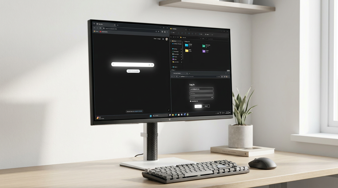 Clean home-office desk with a Mini-LED monitor in dark mode and subtle haloing around bright UI elements.