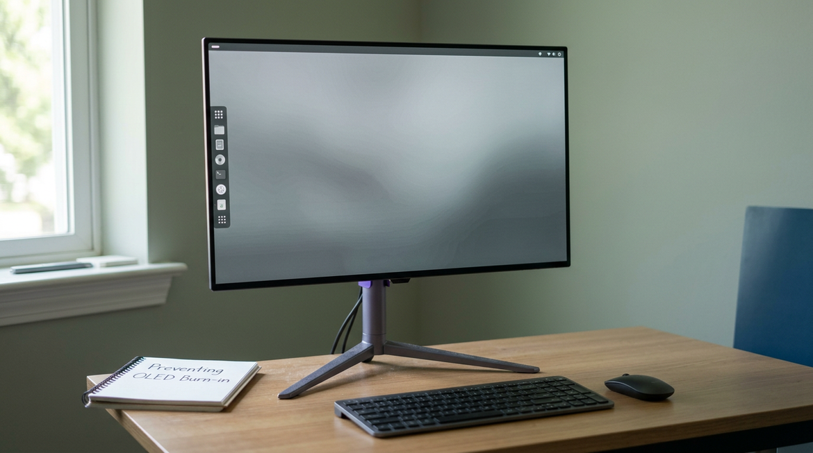 A neutral desktop workspace with an OLED monitor showing a static interface, illustrating long-term desktop use and burn-in prevention.