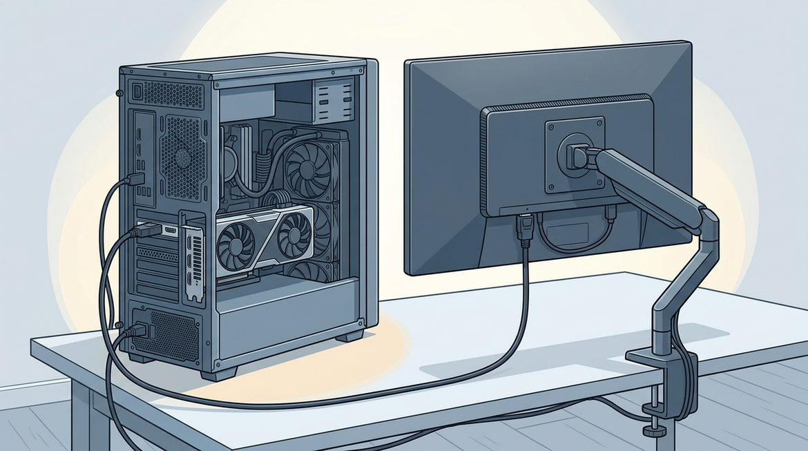 Buying guide for DisplayPort 2.1 UHBR20 compatibility, shown as a practical setup with PC, graphics card, monitor, and certified cable connected in a simple chain.