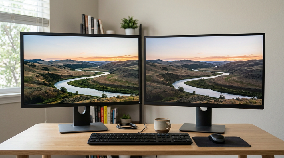 Neutral side-by-side desktop monitor comparison scene showing two monitors on a clean desk for evaluating differences.
