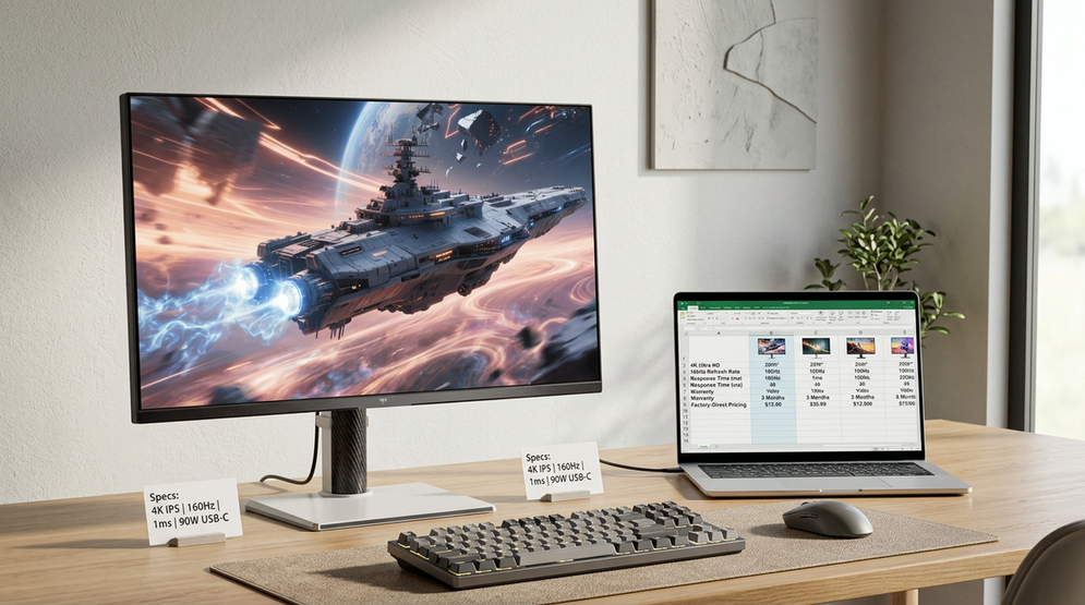 A clean factory-direct monitor setup on a desk with a laptop, keyboard, and monitor showing product comparison cues.