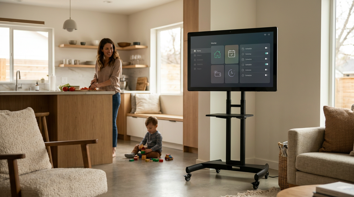 Rolling smart display used as a household hub in a kitchen-and-family setting.