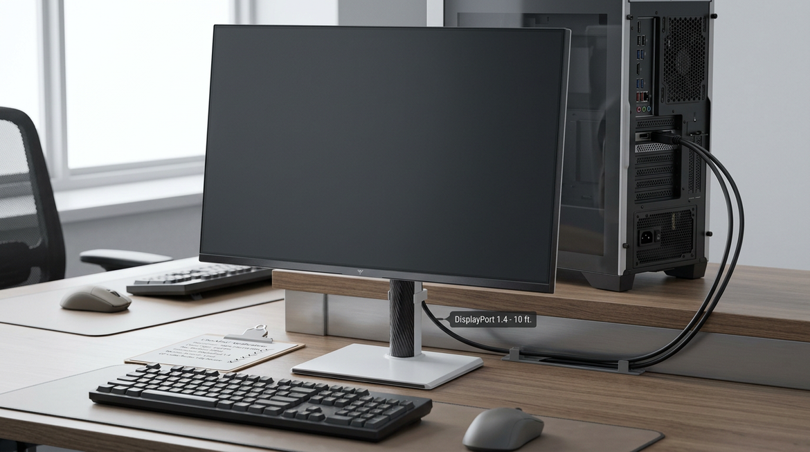 A neutral gaming desk setup showing a monitor, GPU connection, and DisplayPort cable with a focus on spec verification rather than branding.
