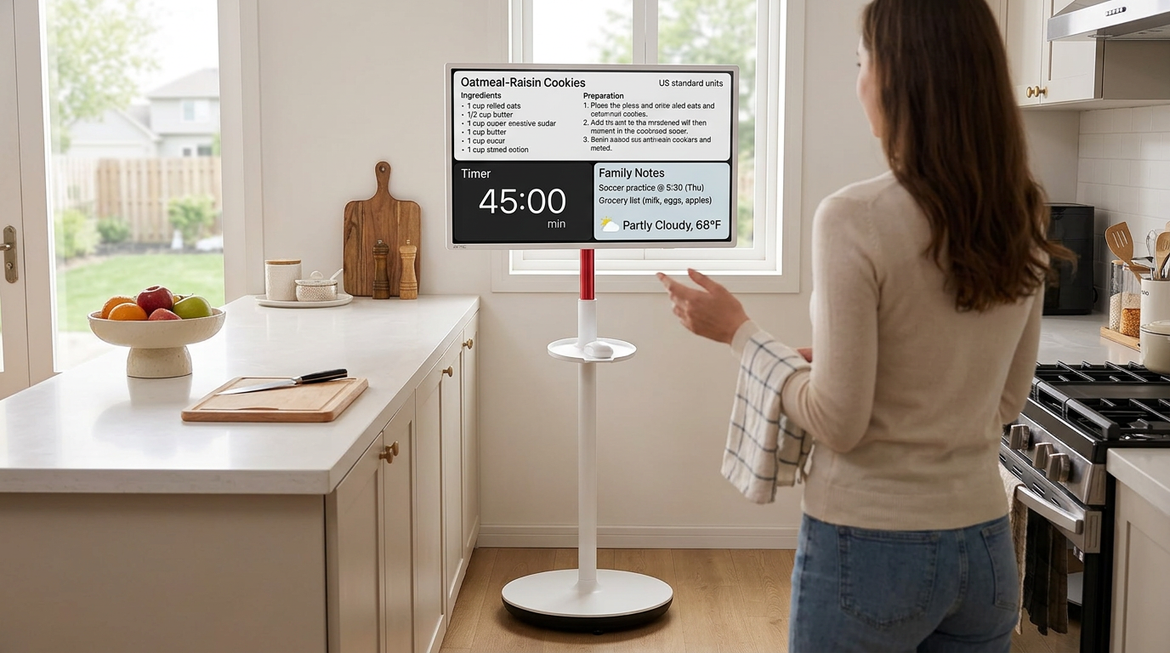 Rolling MegPad kitchen command center showing a recipe, timer, and family notes on a mobile touch display