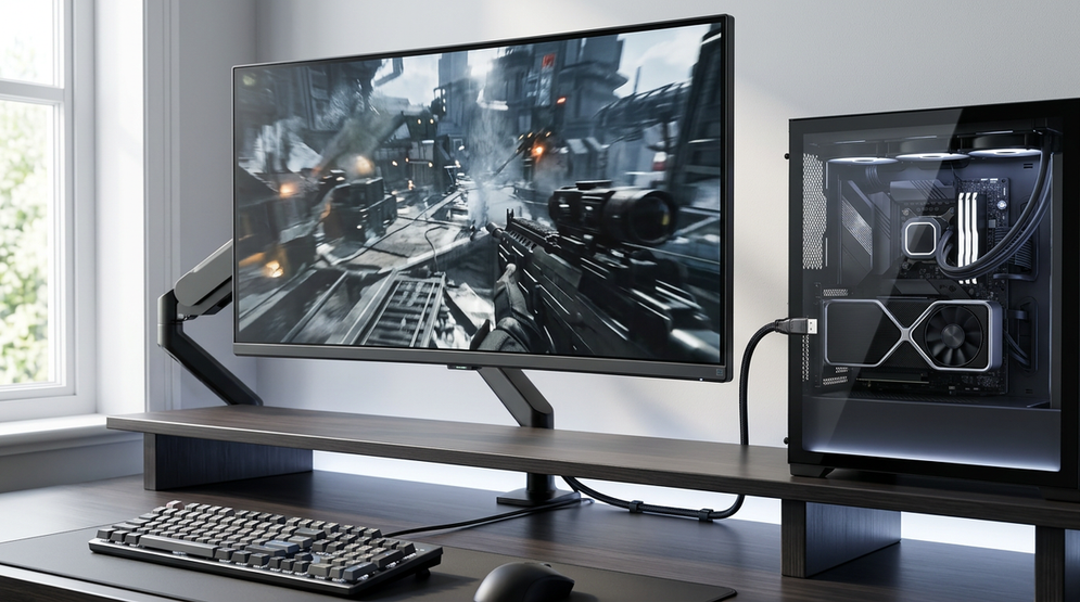 Desktop gaming setup showing a GPU, display cable, and high-refresh monitor connected in a clean signal chain