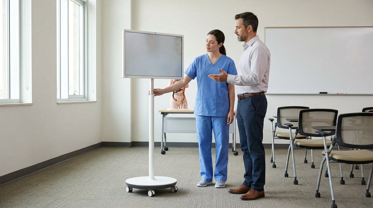 Rolling smart display being moved between a clinic room and a classroom setting