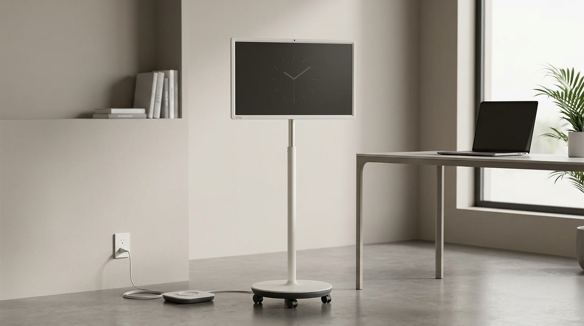 A rolling smart display in a home setting with battery-saving cues.