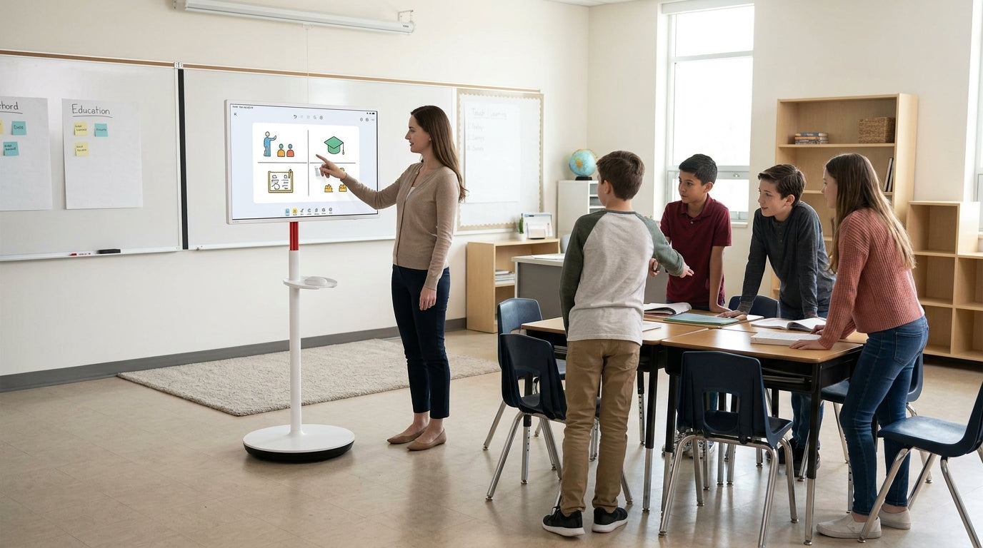 A rolling smart display positioned for a classroom lesson workflow