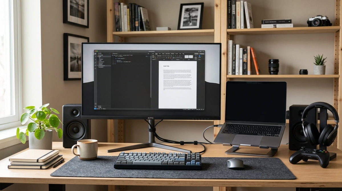 A clean desk setup with a KTC monitor, keyboard, and laptop in a neutral home-office scene