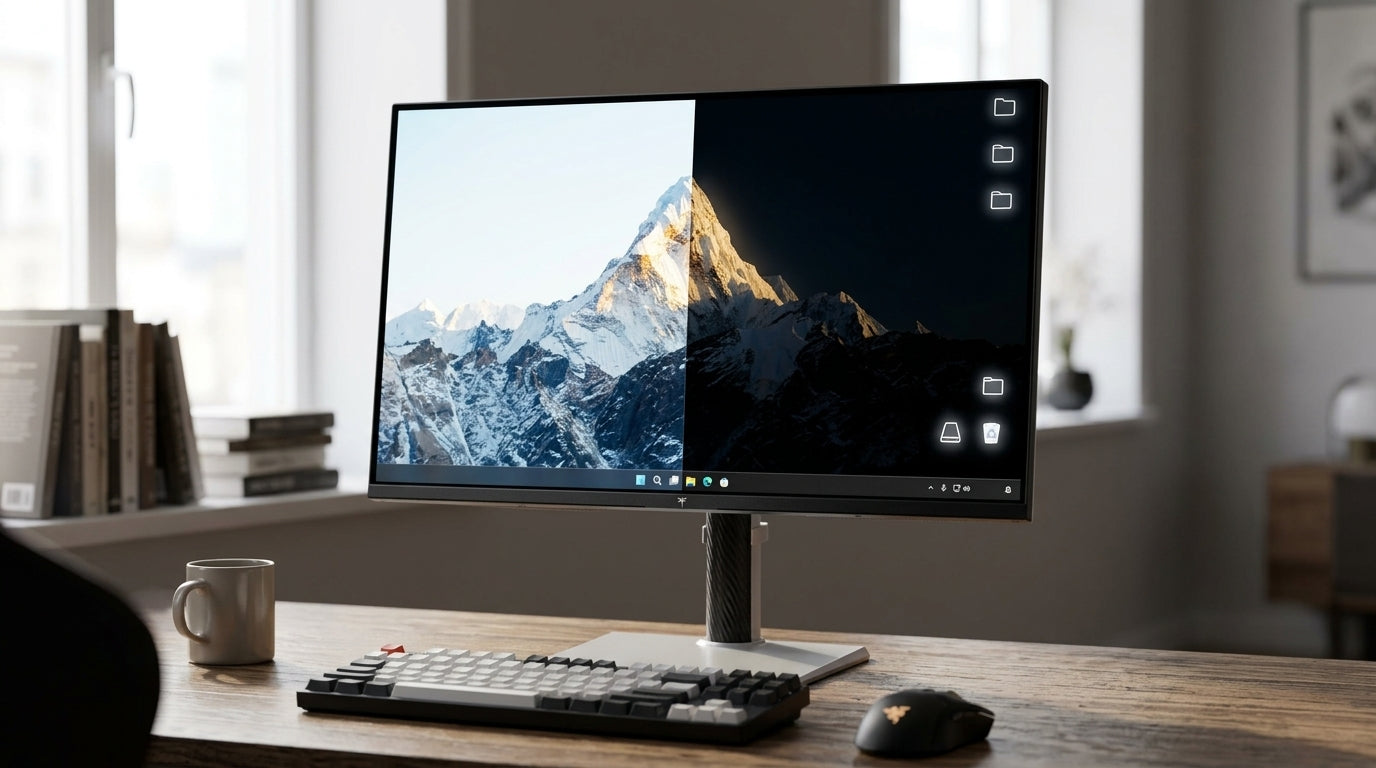 A mini-LED gaming monitor showing local dimming behavior in a mixed-light desk setup